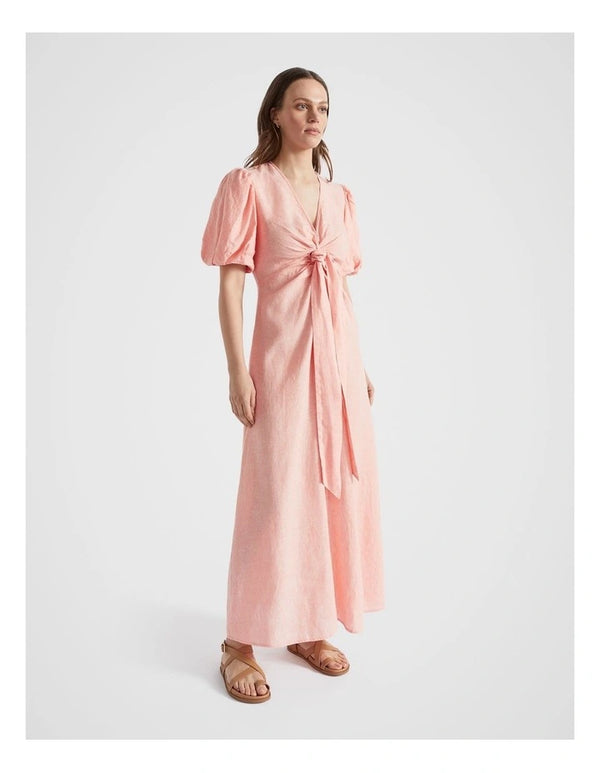 SEED HERITAGE Linen Tie Front Maxi Dress - Tulip Pink SZ16