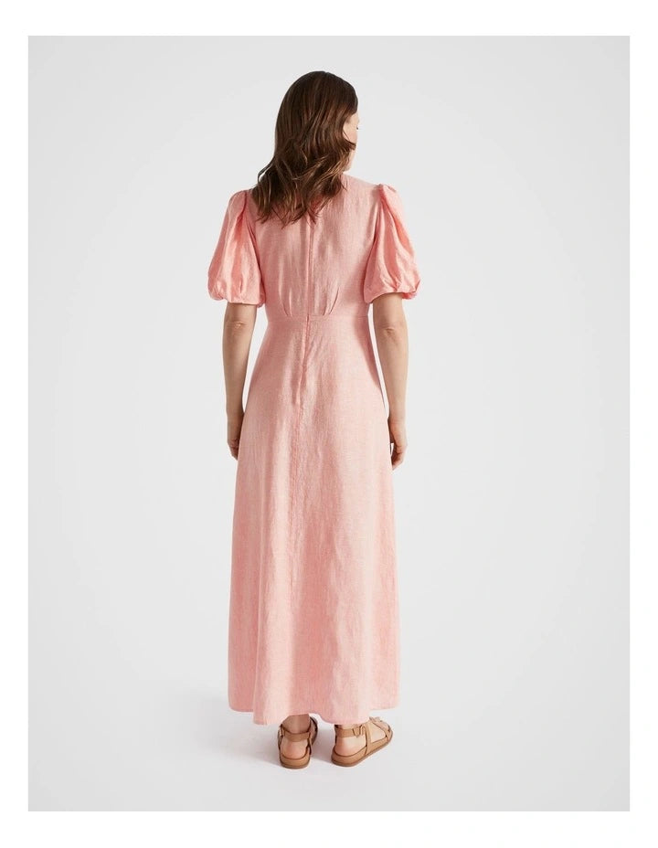 SEED HERITAGE Linen Tie Front Maxi Dress - Tulip Pink SZ16