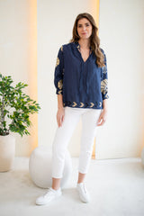 GREEK ARCHAIC KORI Peacocks Top - Navy Blue SzL