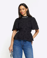 RIVER ISLAND Black Jacquard Diamante Trim Blouse Sz8