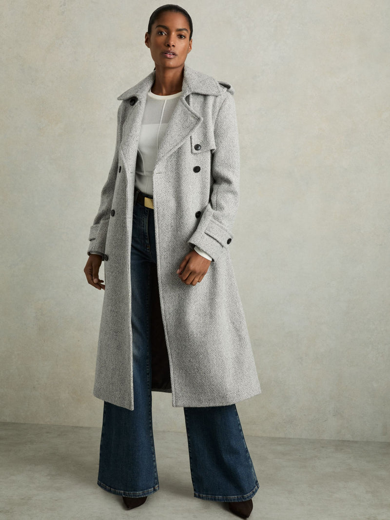 REISS Alba Wool Blend Trench Coat - Grey Sz14