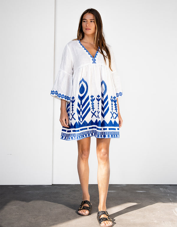 GREEK ARCHAIC KORI Feather Chevron Mini Dress - Blue SzM