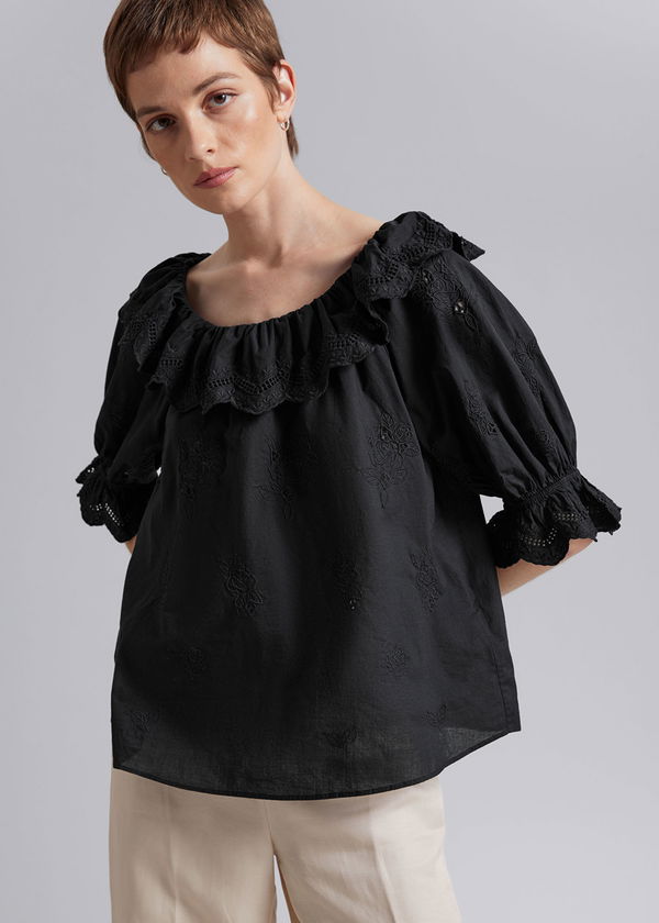 & OTHER STORIES Embroidered Organic Cotton Top - Black SzS