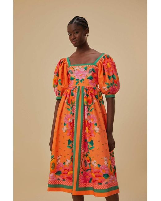 FARM Rio Orange Fruit Garden Scarf Midi Dress SzM