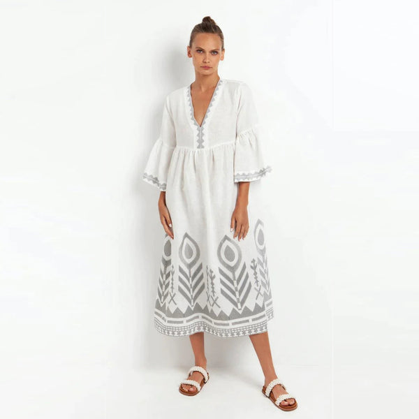 GREEK ARCHAIC KORI Feather Chevron Maxi Dress - Silver SzS