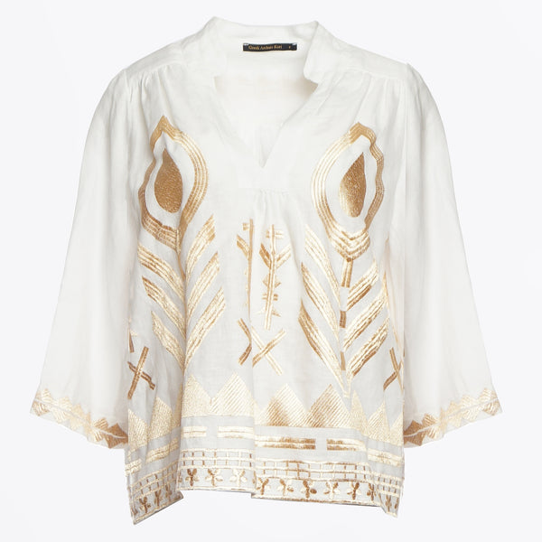 GREEK ARCHAIC KORI Feather Top - White & Gold SzM