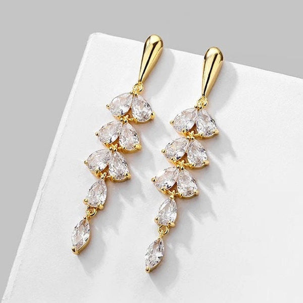 BEAUTIFUL EARTH Gold & CZ Leaf Drop Earrings