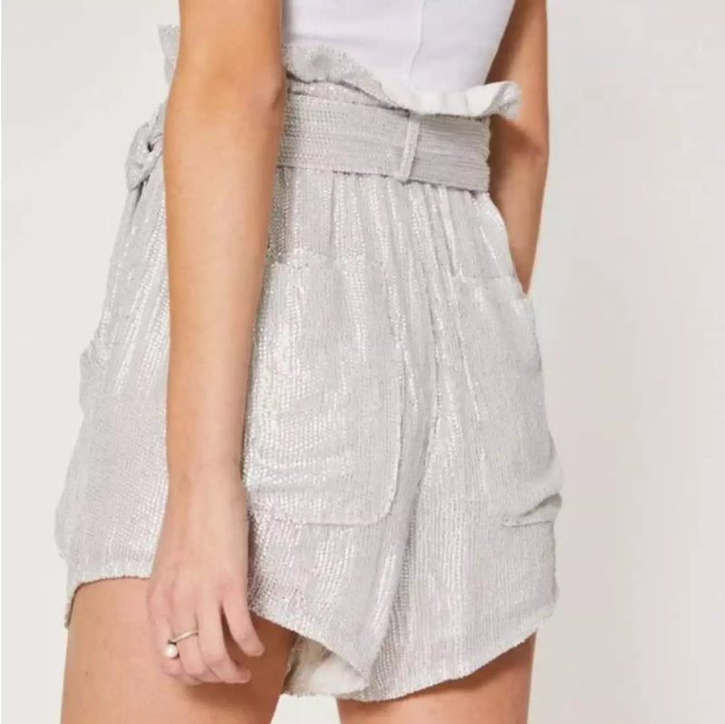 IRO Inaro Paperbag Waist Sequin Shorts - Silver Sz38 NZ10