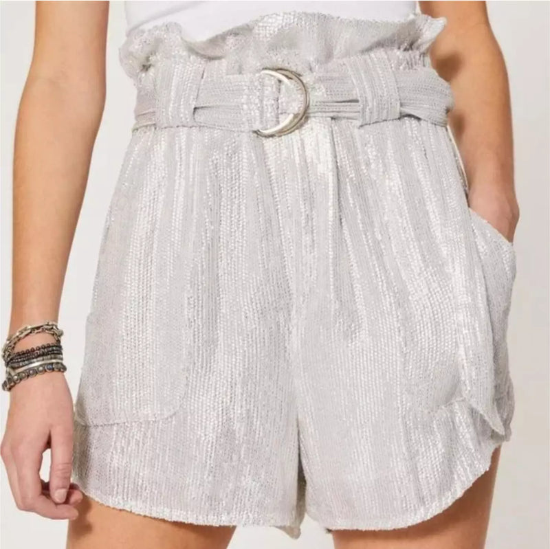 IRO Inaro Paperbag Waist Sequin Shorts - Silver Sz38 NZ10