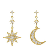 Moon & Star Crystal Drop Earrings Gold