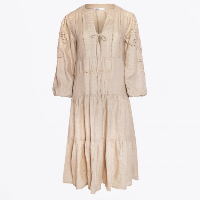 GREEK ARCHAIC KORI - Cut Embroidered Linen Dress - Sand Sz L